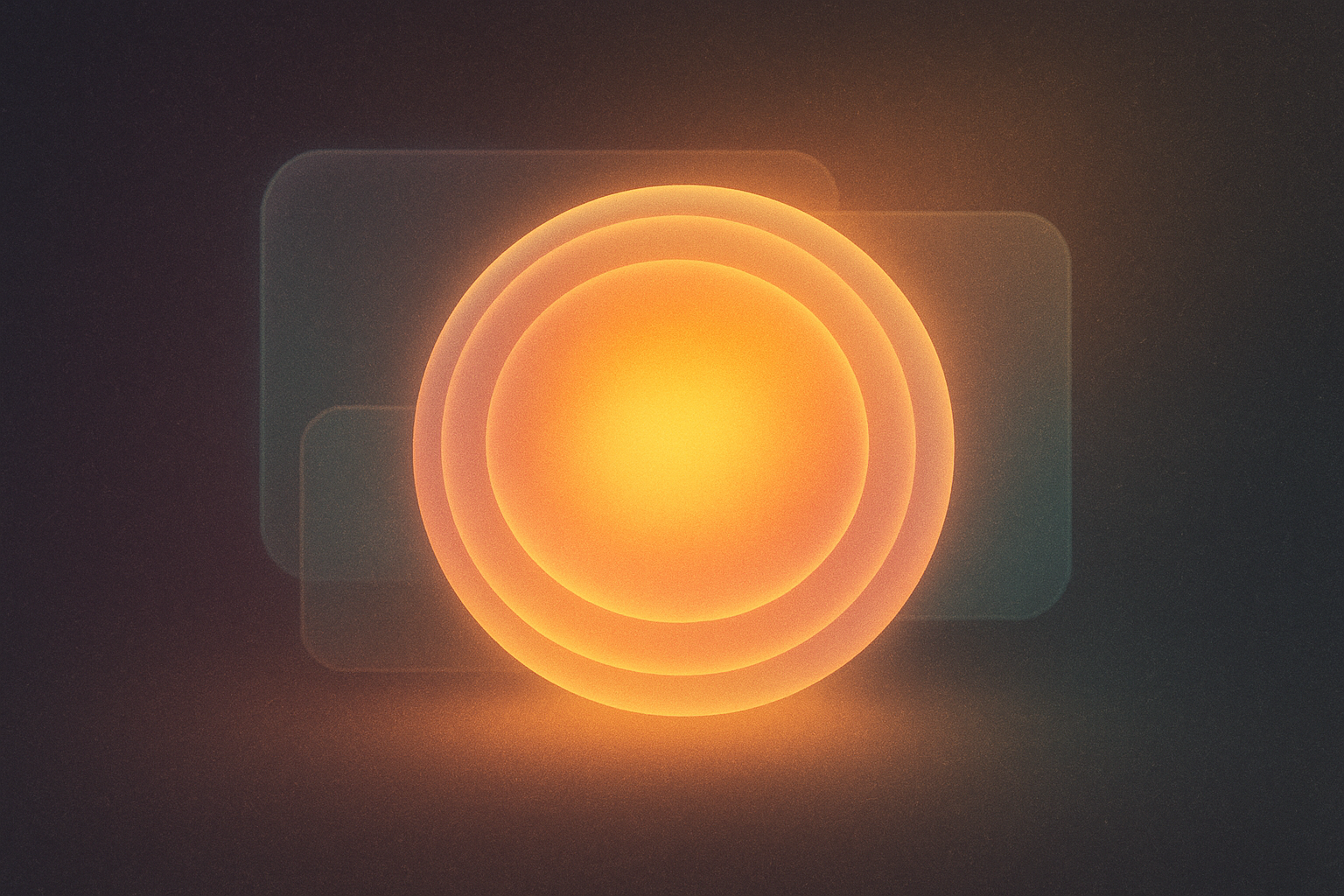 Abstract retro memory orb with softly glowing rings, grainy texture, and layered translucent panels in a nostalgic digital style