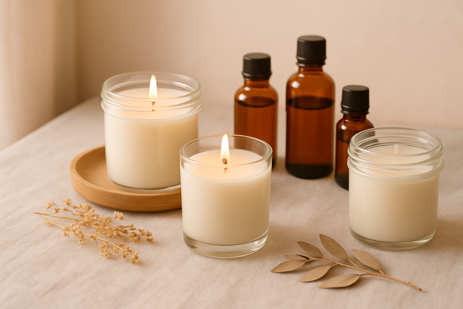 Warm candle-making workspace with glass jars, amber essential oil bottles, and soft morning light