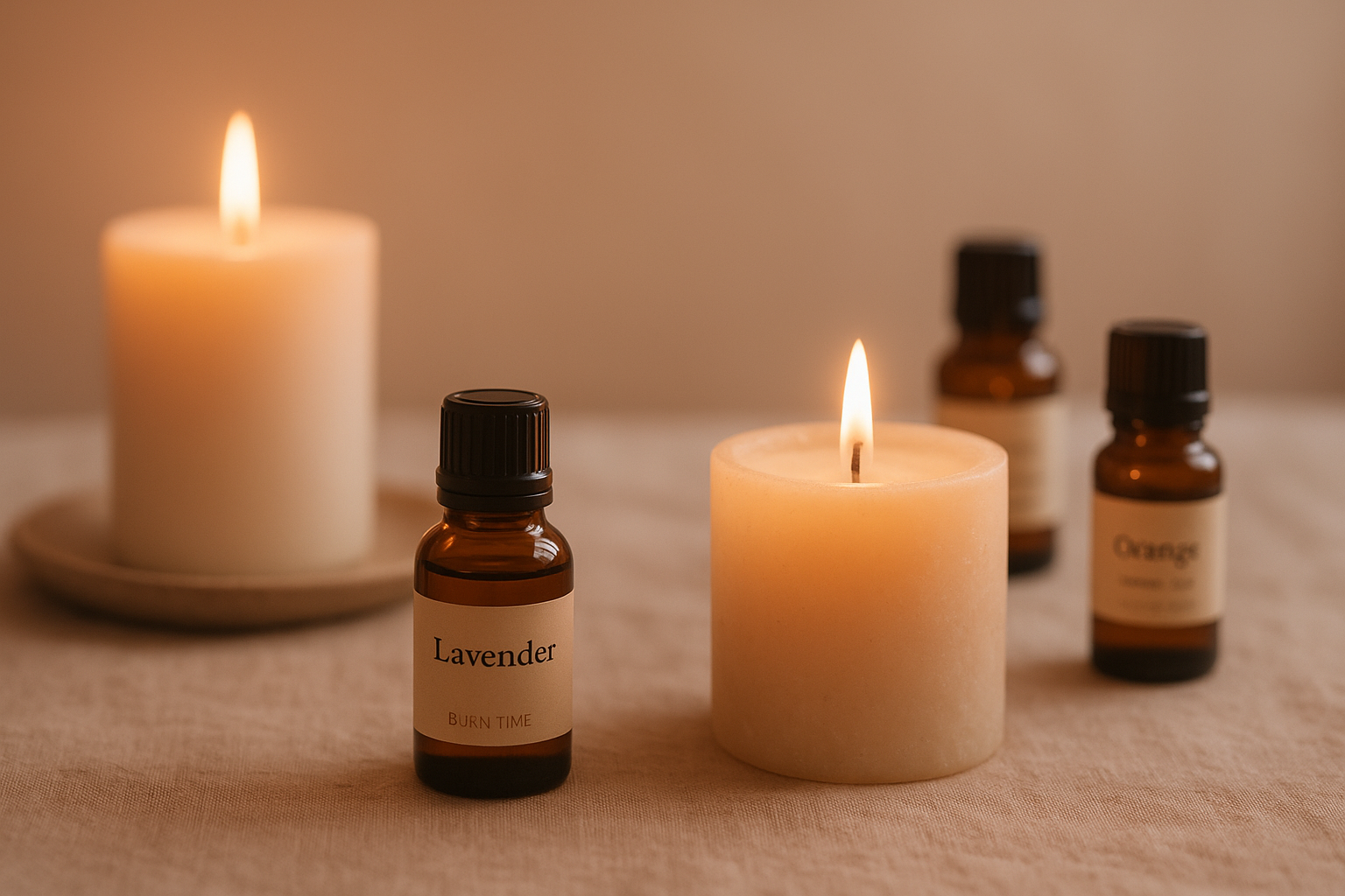 Glowing handmade candles and essential oil bottles arranged on a soft linen table with warm ambient light