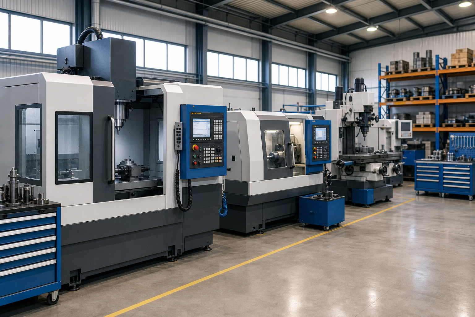 Geniş bir sanayi atölyesinde sıralanmış modern CNC ve freze makineleri