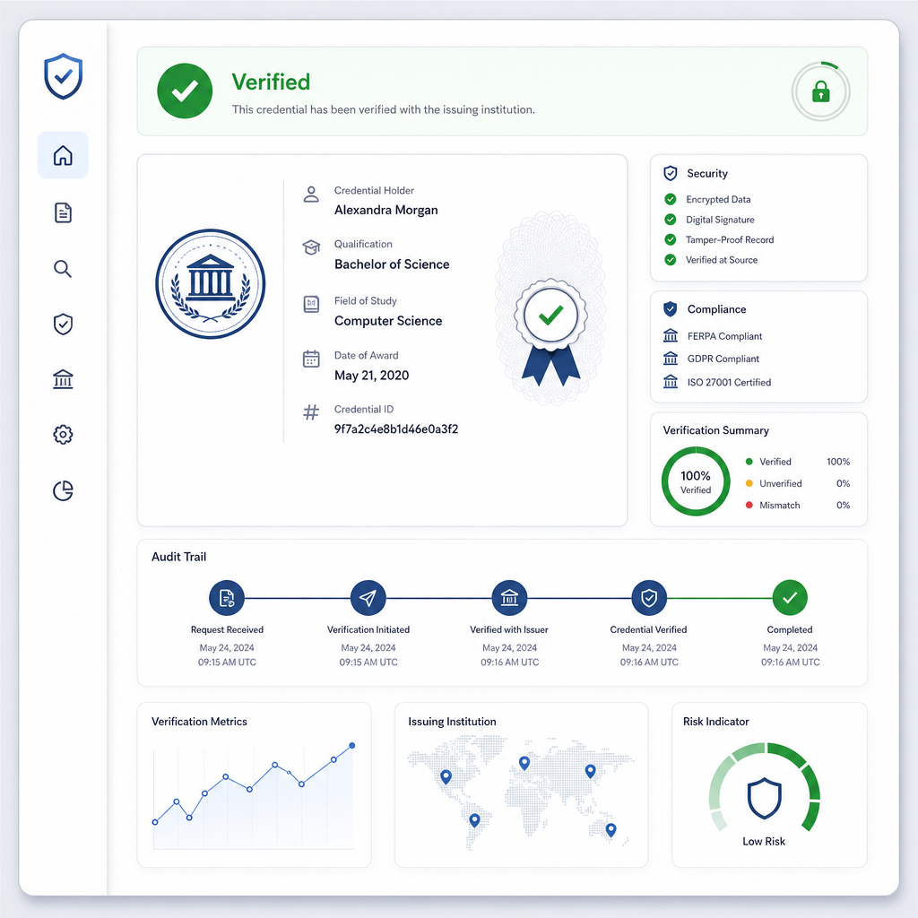 Interface mockup showing a verification dashboard with credential status, issuer seal, and audit trail timeline