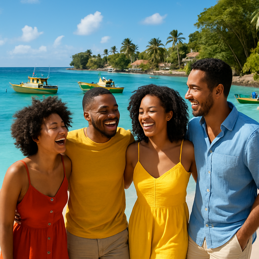 Group of friends laughing by the crystalline sea with colorful boats and lush coastline in Barbados