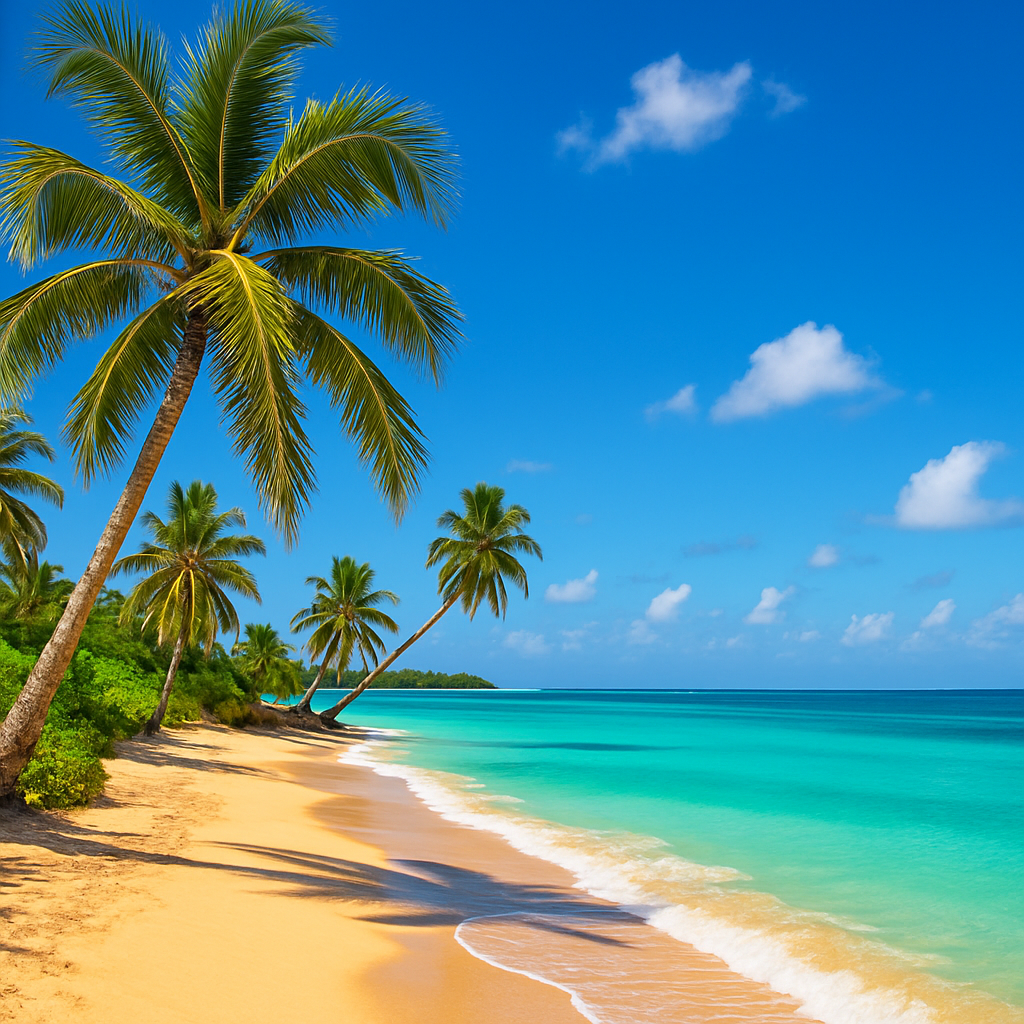 Sunny tropical beach with palm trees and turquoise water