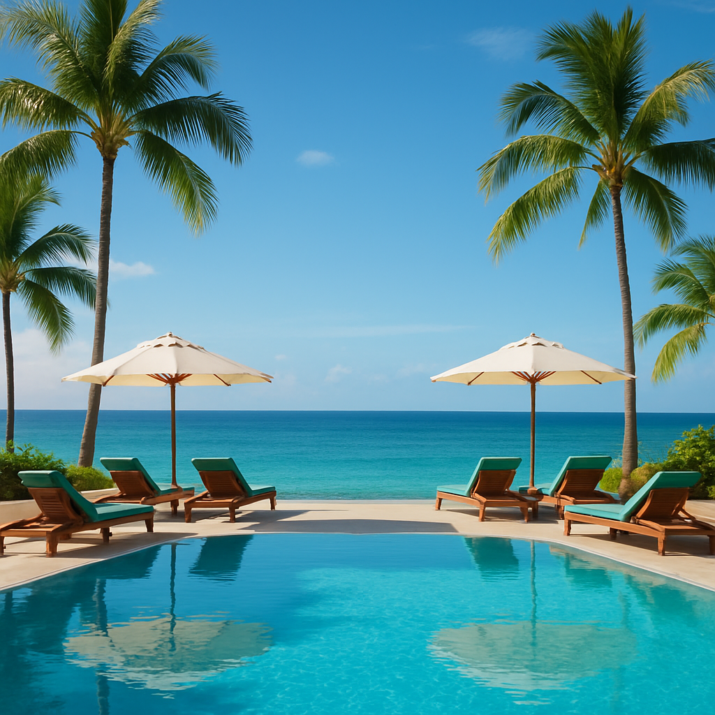 Luxury resort pool overlooking the ocean with lounge chairs
