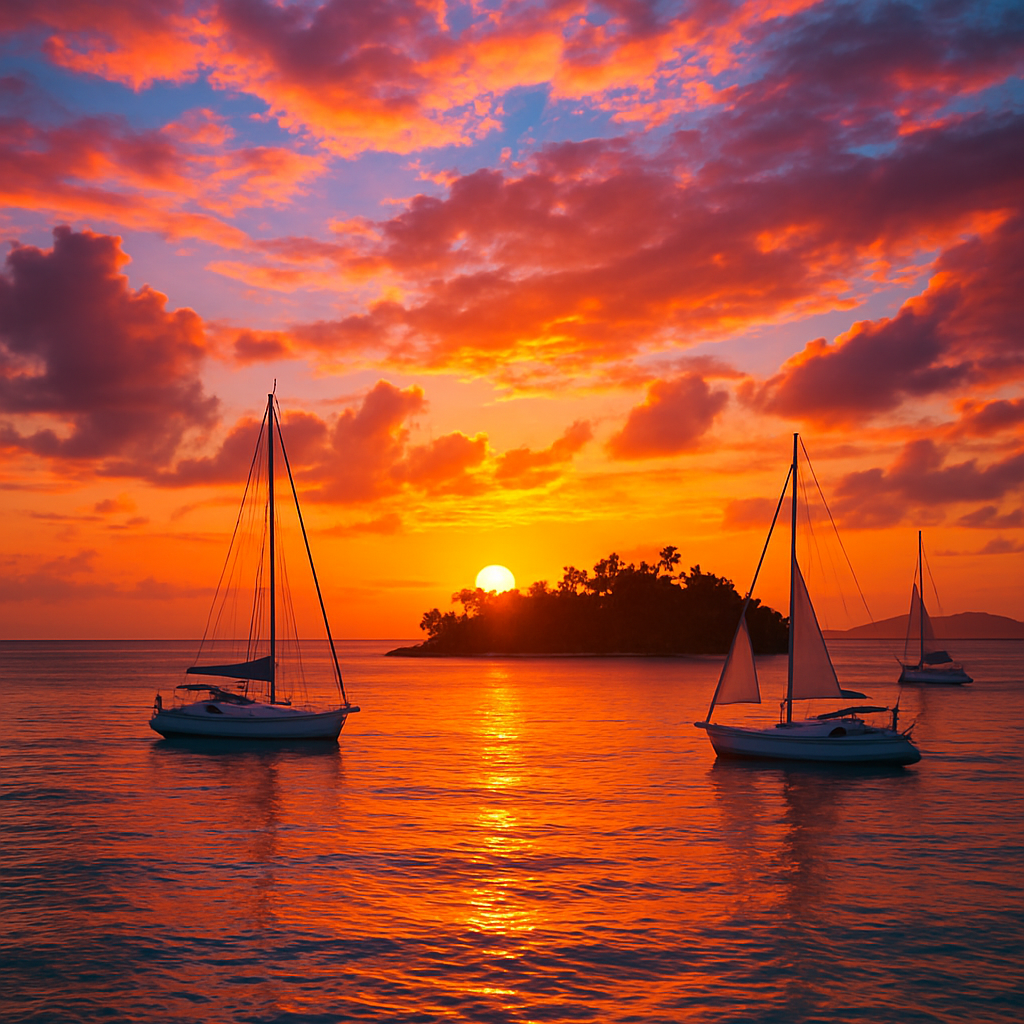 Vibrant sunset over a tropical island with sailboats in the water