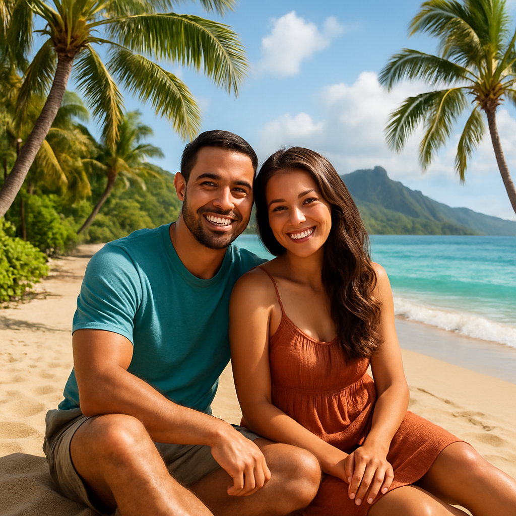 Smiling couple relaxing on a scenic Hawaiian beach under palm trees