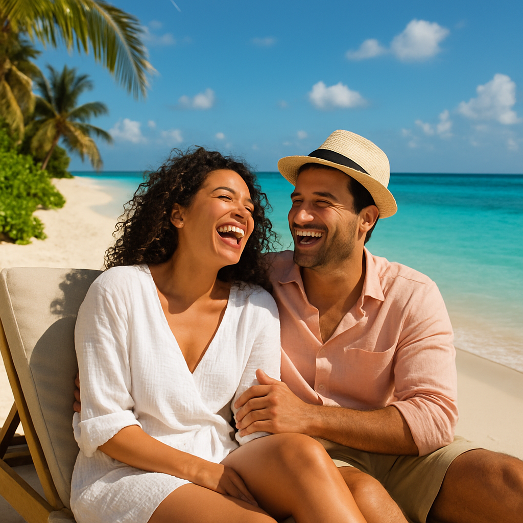Couple relaxing by a crystal blue sea in the Bahamas