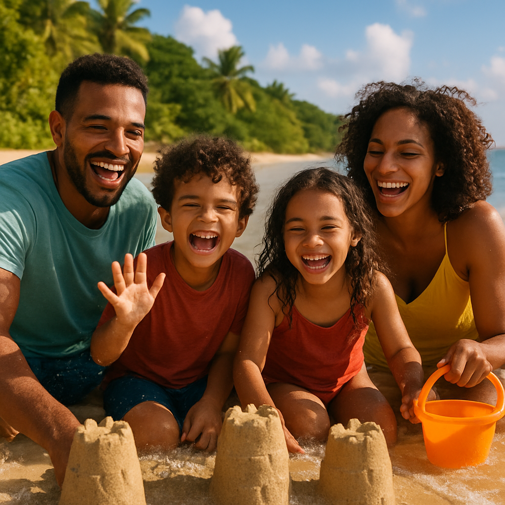 Family laughing together on a sunny St. Croix beach