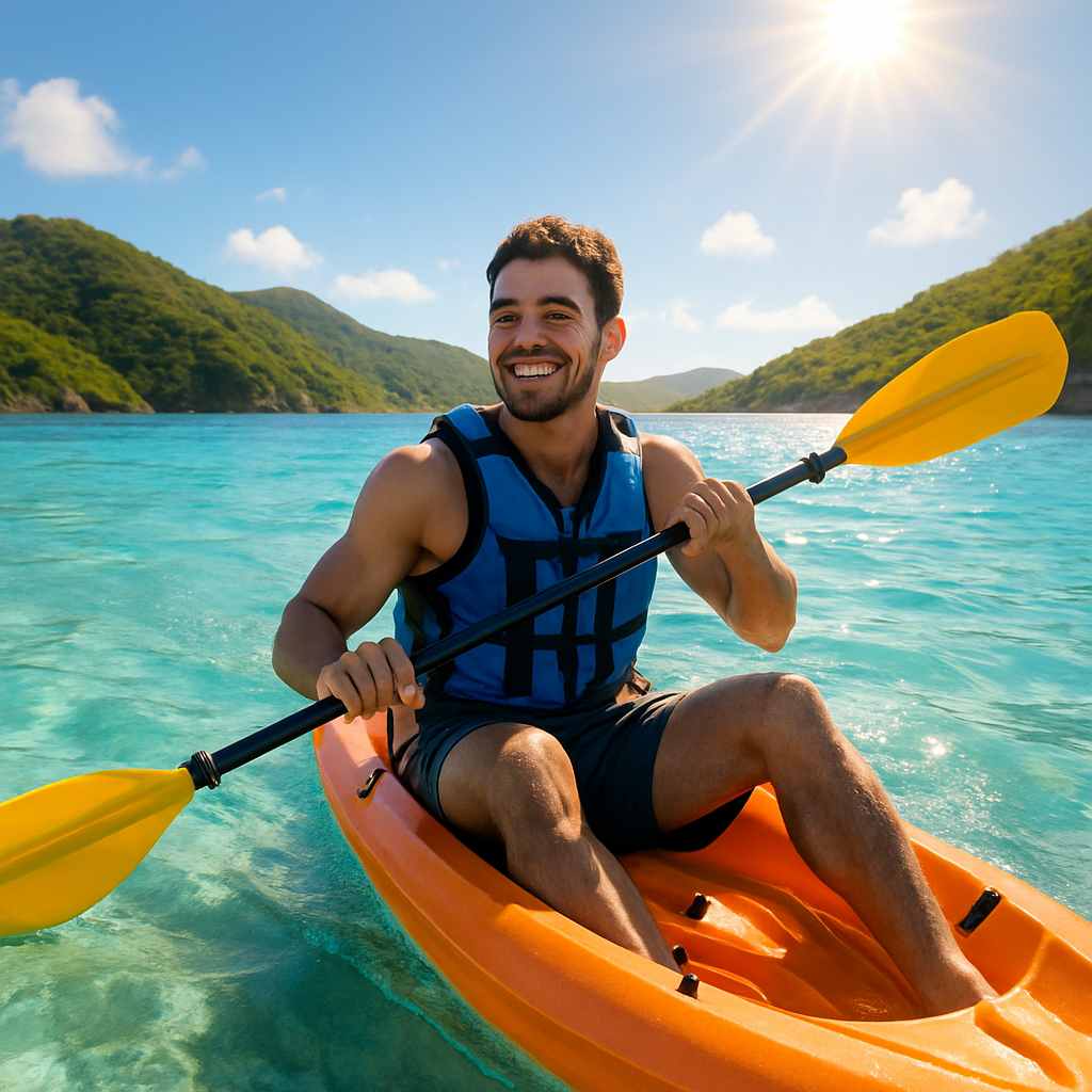 Young man kayaking in clear waters of St. John