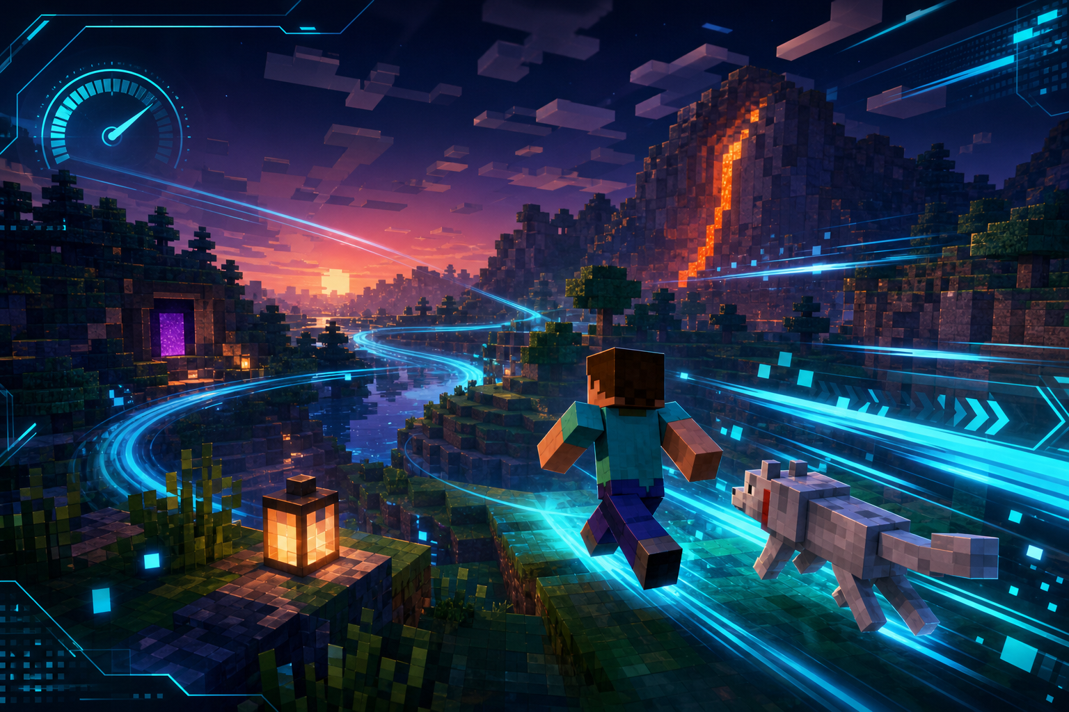 Stylized blocky game-world panel with speed trails and interface accents