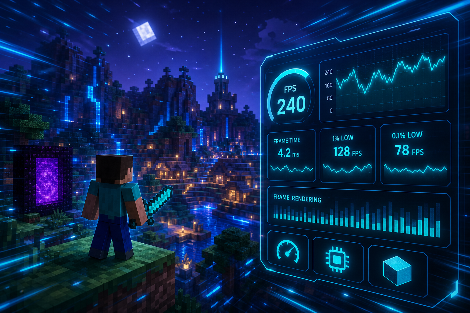 Blocky neon-lit Minecraft-inspired scene with motion lines and a performance dashboard interface