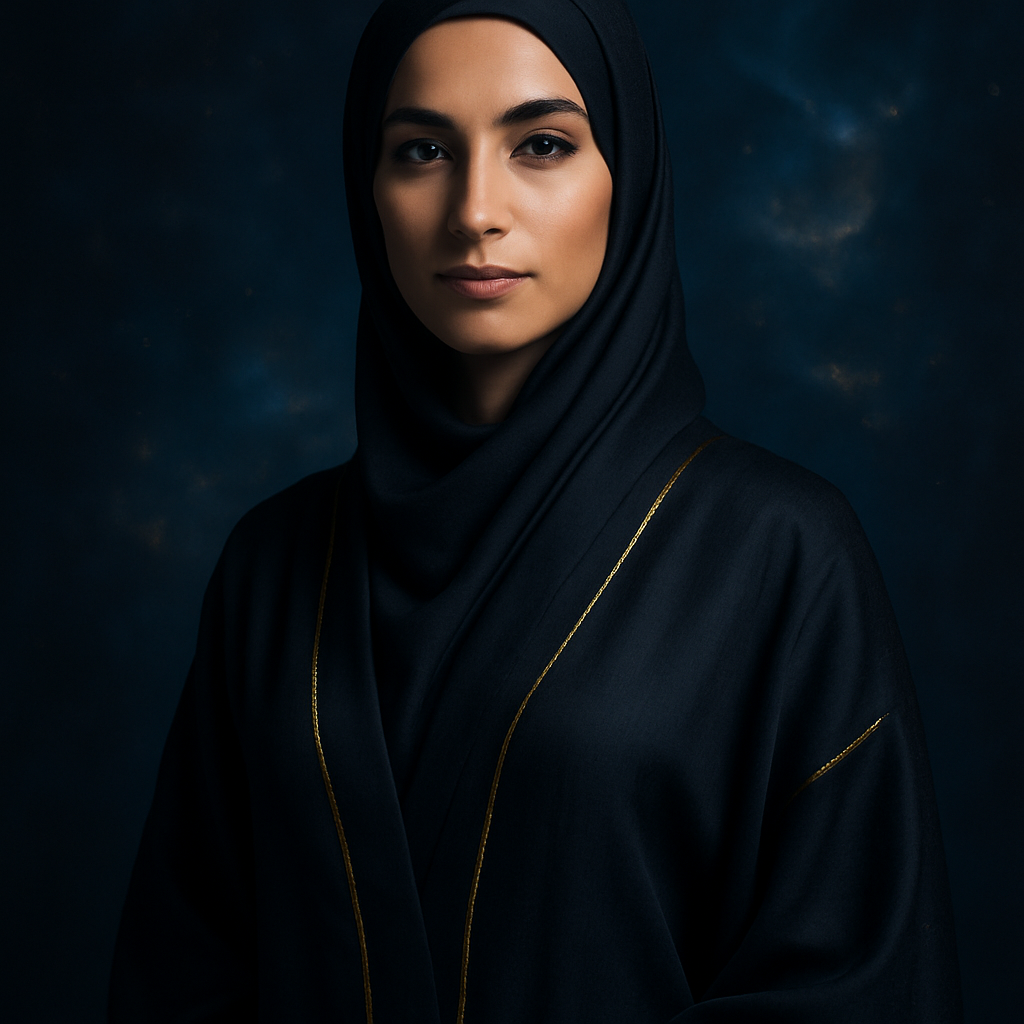 Portrait of Amina Sol, a poised Middle Eastern woman in a gold-accented black robe, illuminated by soft blue studio light with subtle cosmic reflections
