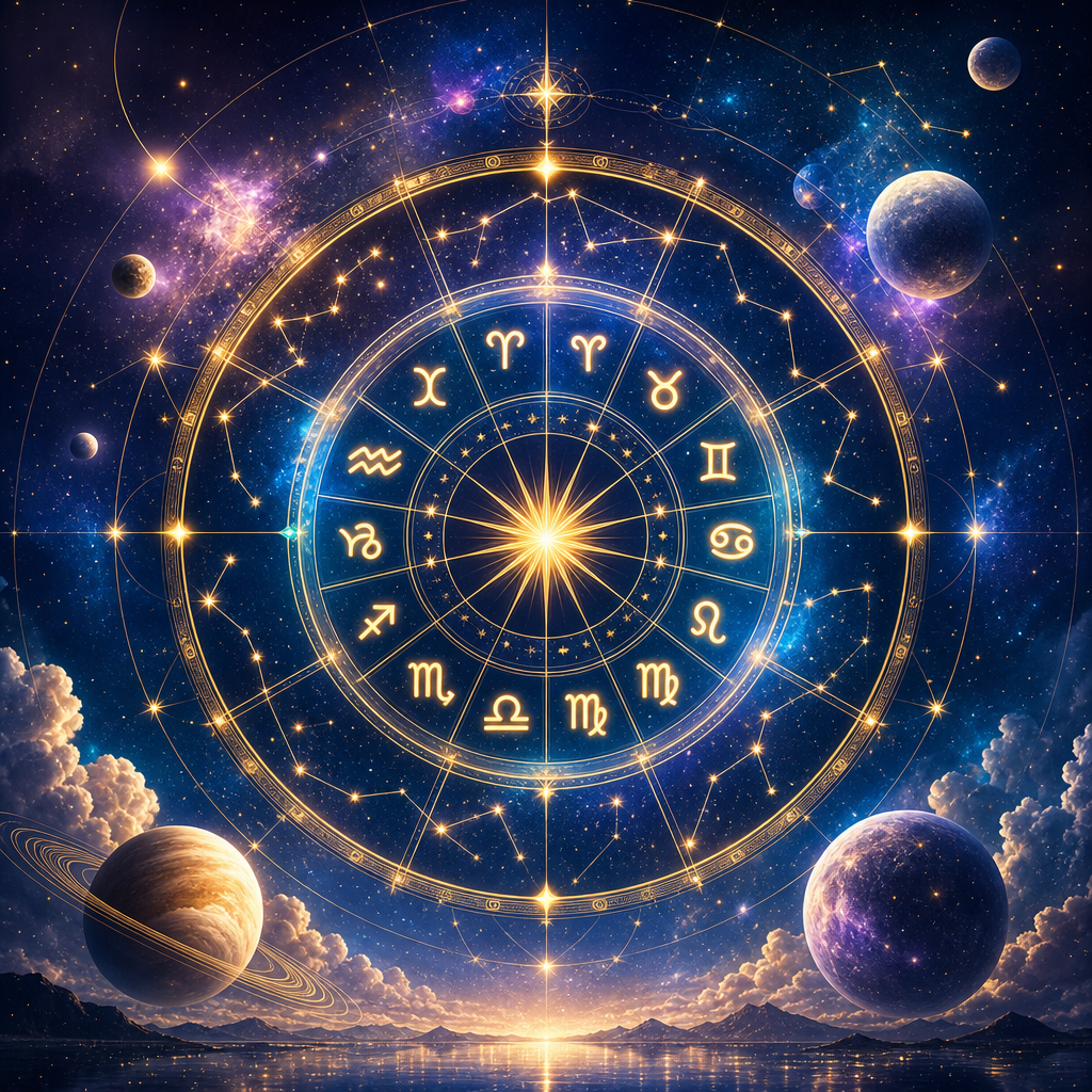 Midnight purple astrology chart glowing with gold constellations and geometric overlays