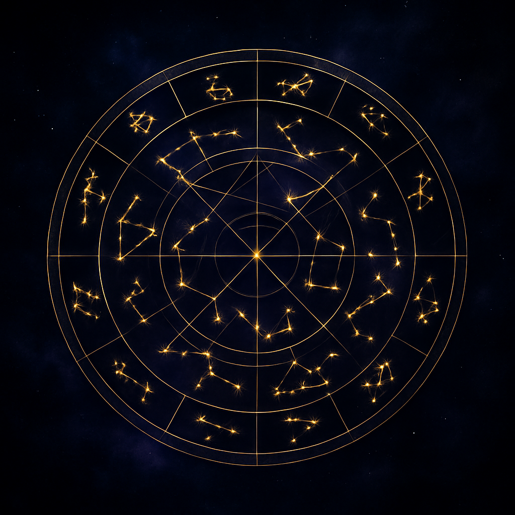 Midnight purple astrology chart glowing with gold constellations and geometric overlays