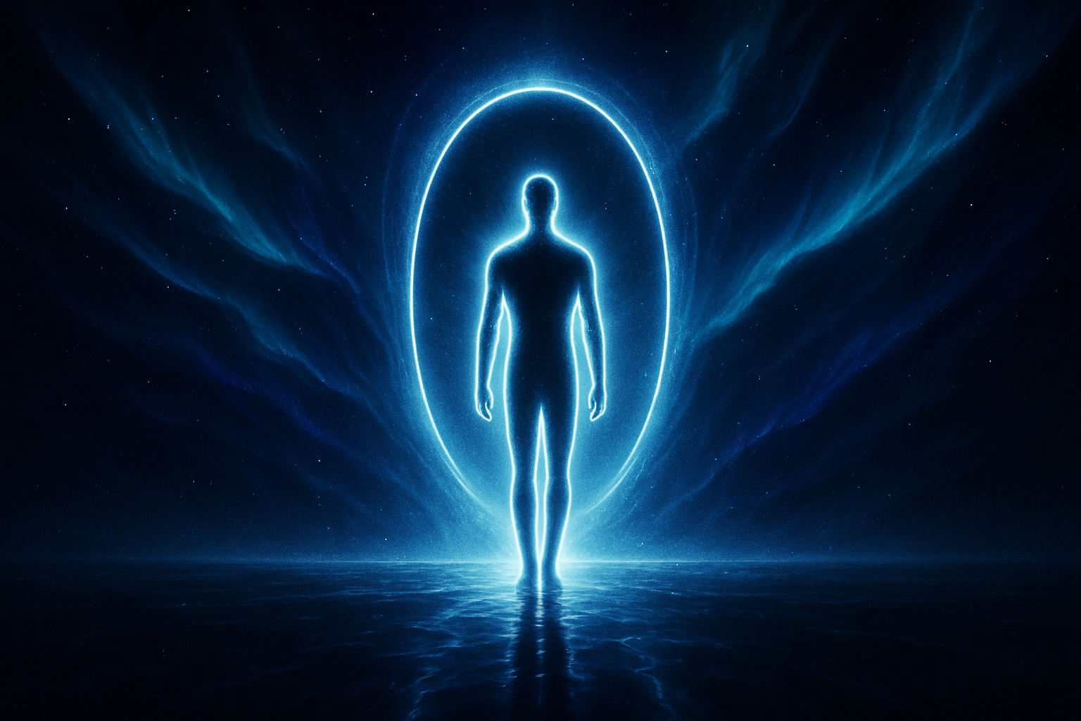 Online activation visual with deep indigo cosmos, aurora ribbons, and a luminous human silhouette