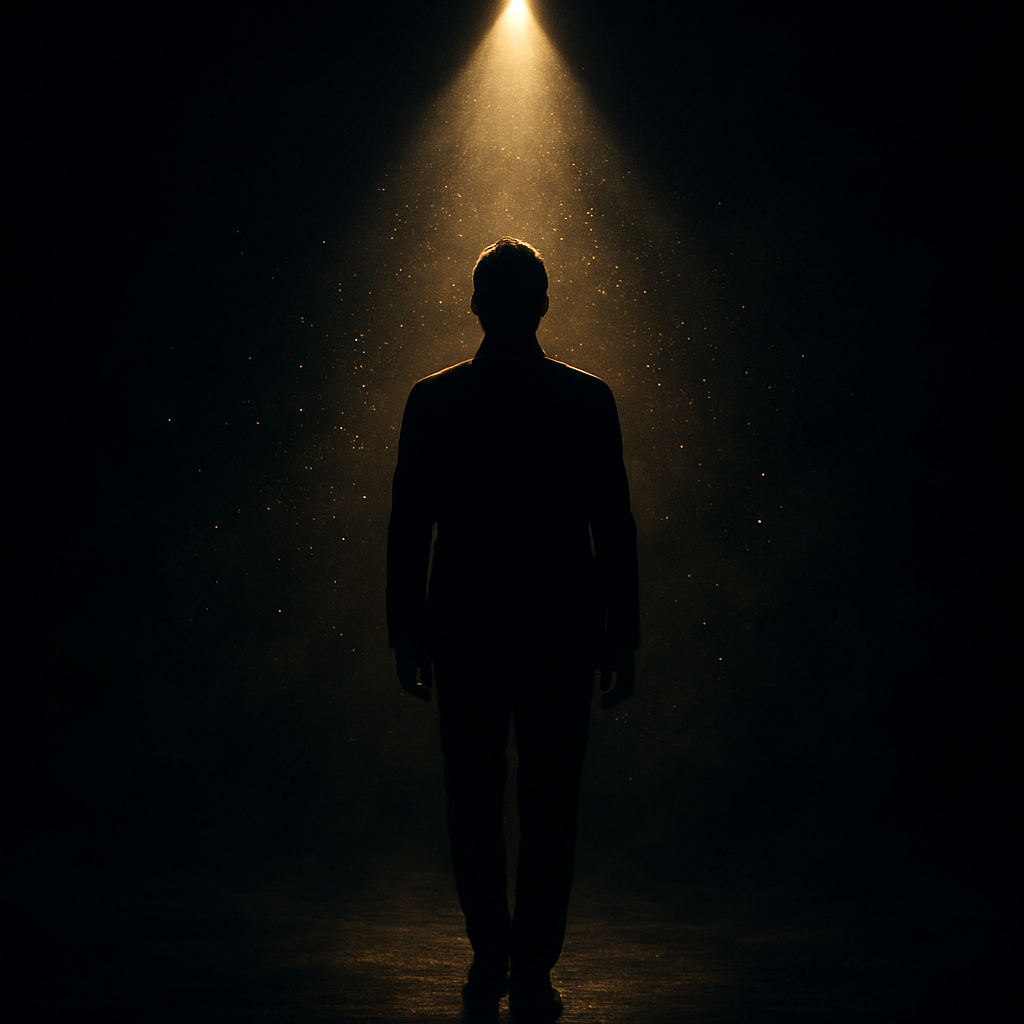 Dramatic silhouette of a figure on a dark stage with a spotlight and gold dust particles