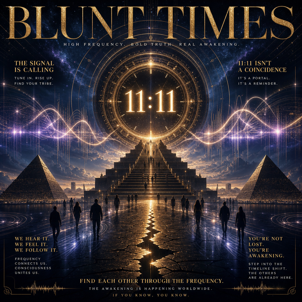 Dramatic circular 11:11 portal splitting open a cracked firmament, with the glowing 11:11 time marker inside the portal, deep space blues and purples, black luxury tones, subtle gold highlights, and reflective atmospheric surface