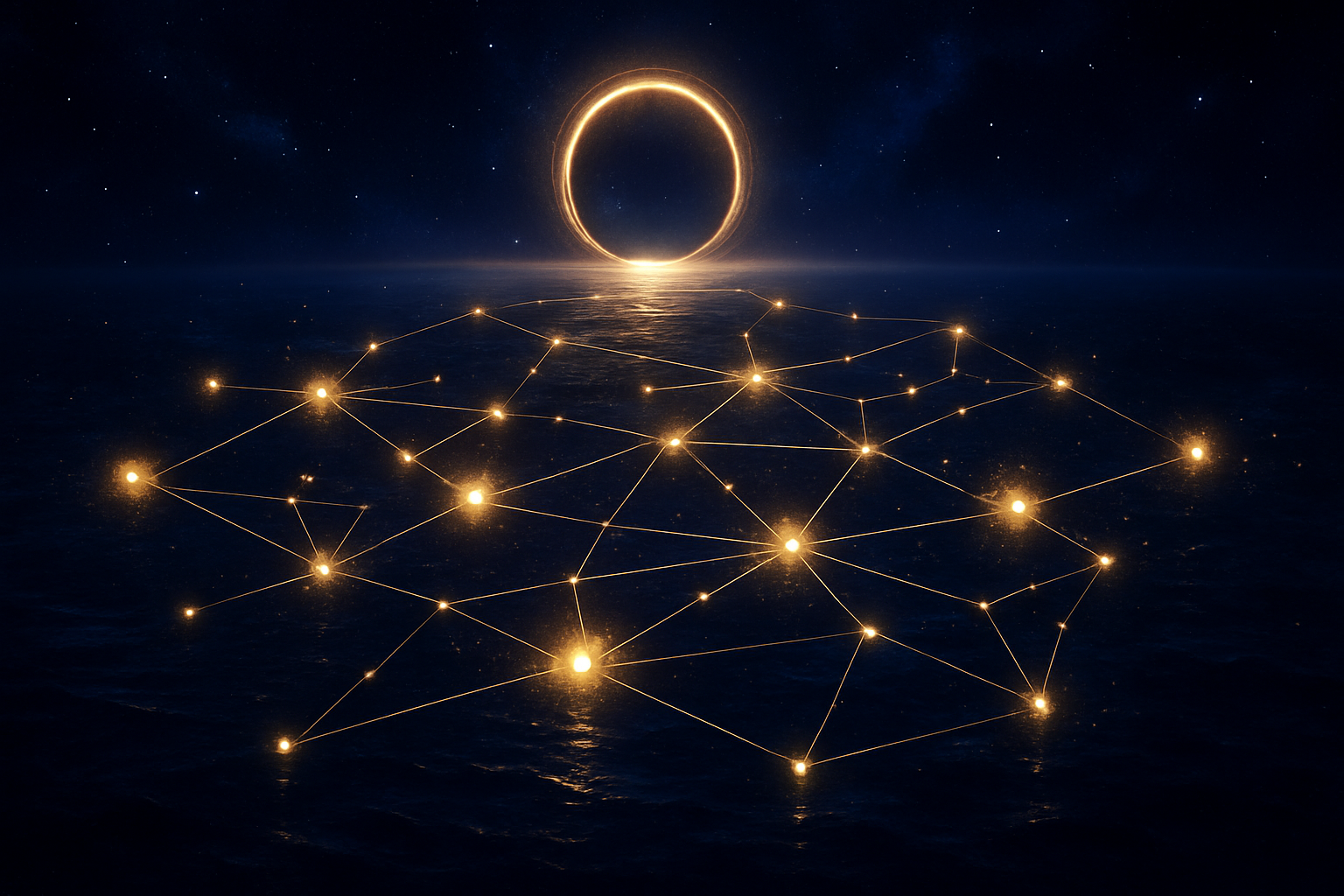 Cinematic portal map connecting glowing cities with golden constellations over a deep space ocean