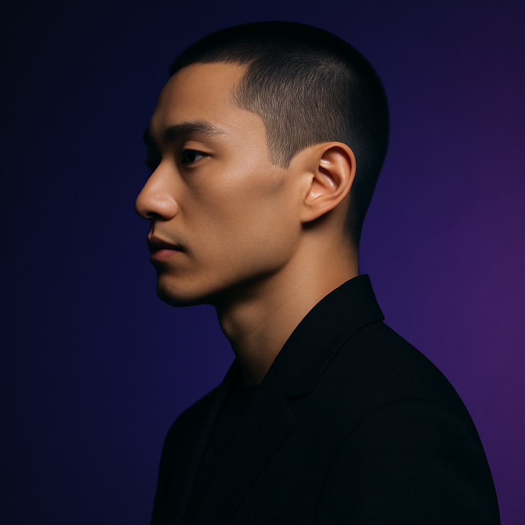Portrait of Ezra Kai, an East Asian man with close-cropped hair wearing a minimalist black jacket, shot against a violet gradient backdrop