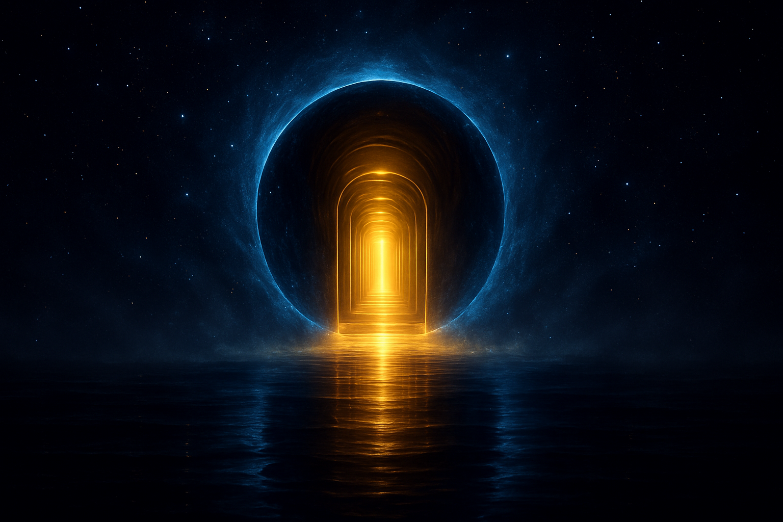 Cinematic portal of deep blue space opening into a golden light corridor with reflective water beneath