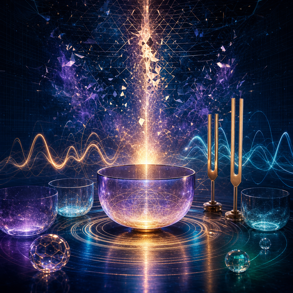 Close-up of crystal bowls emitting luminous teal sound waves in a dark studio