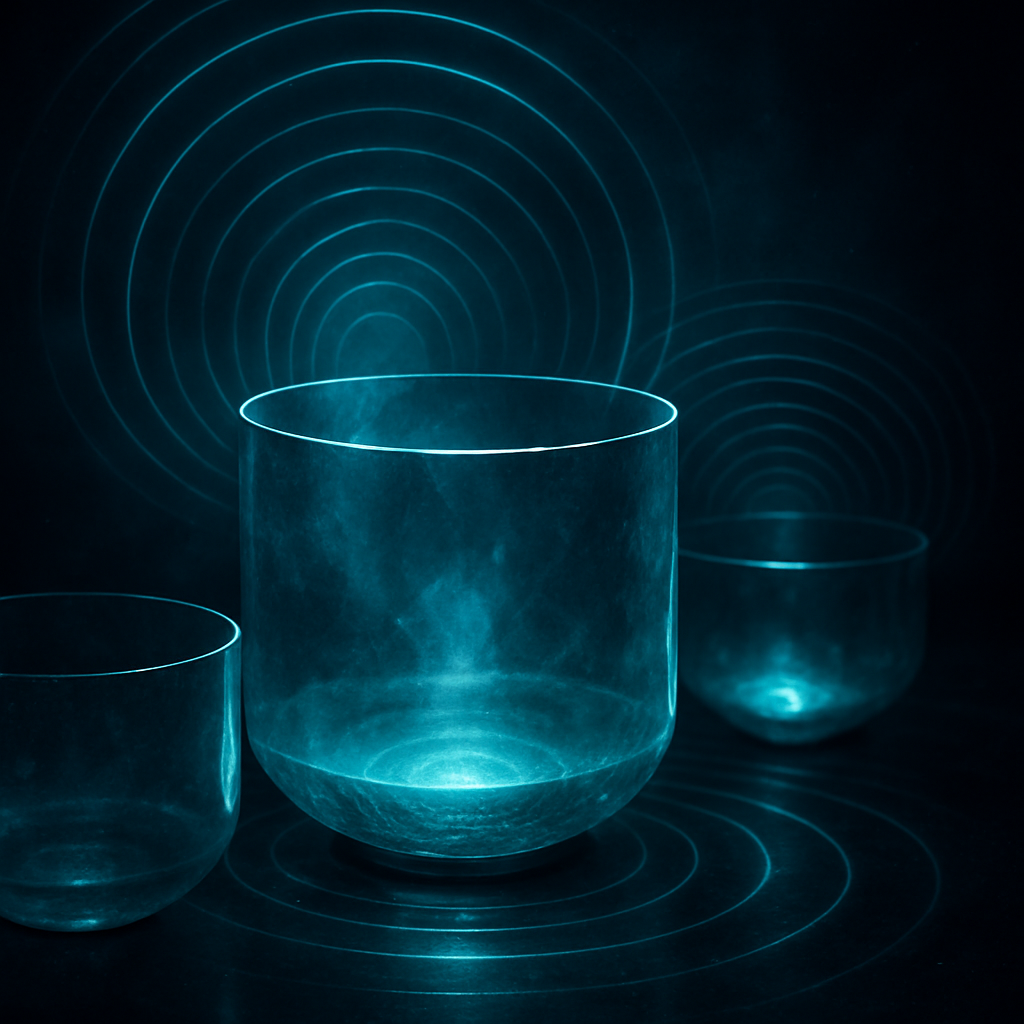 Close-up of crystal bowls emitting luminous teal sound waves in a dark studio