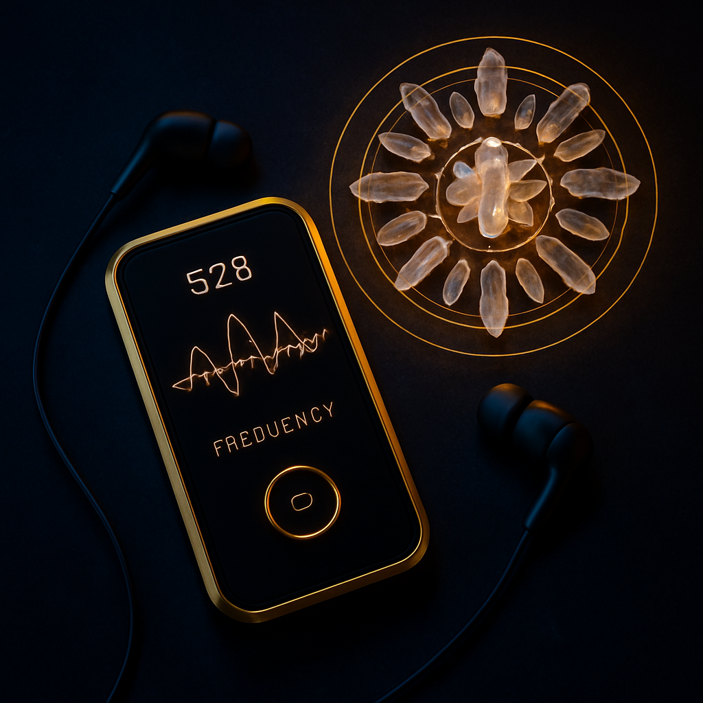 Elegant flat-lay of a futuristic gold and black frequency tuning device, earbuds, and crystal grid