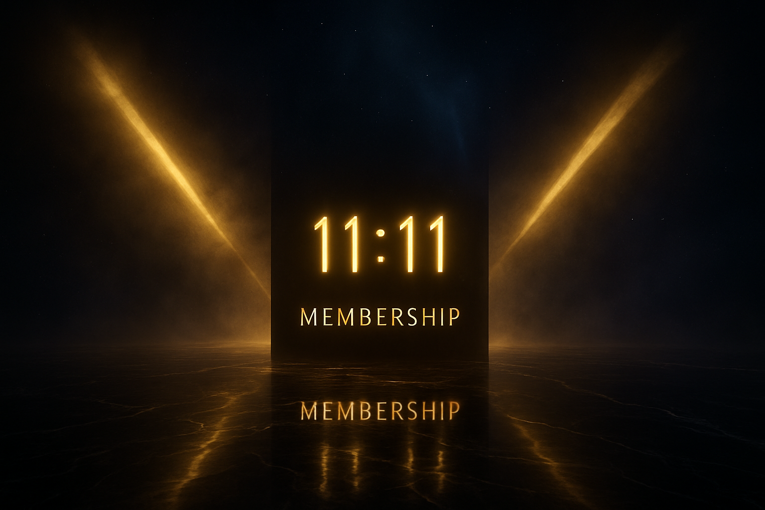 Mysterious luxury membership portal scene with a glowing 11:11 digital clock, golden light beams, reflective black marble floor, and subtle cosmic stars