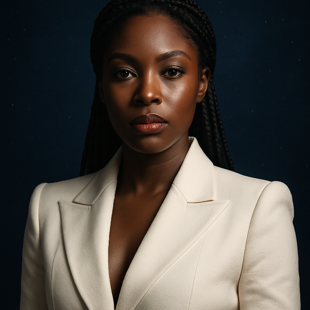 Portrait of Nova Raine, a Black woman with braided hair in a structured white jacket, set against a deep navy background with faint star speckles