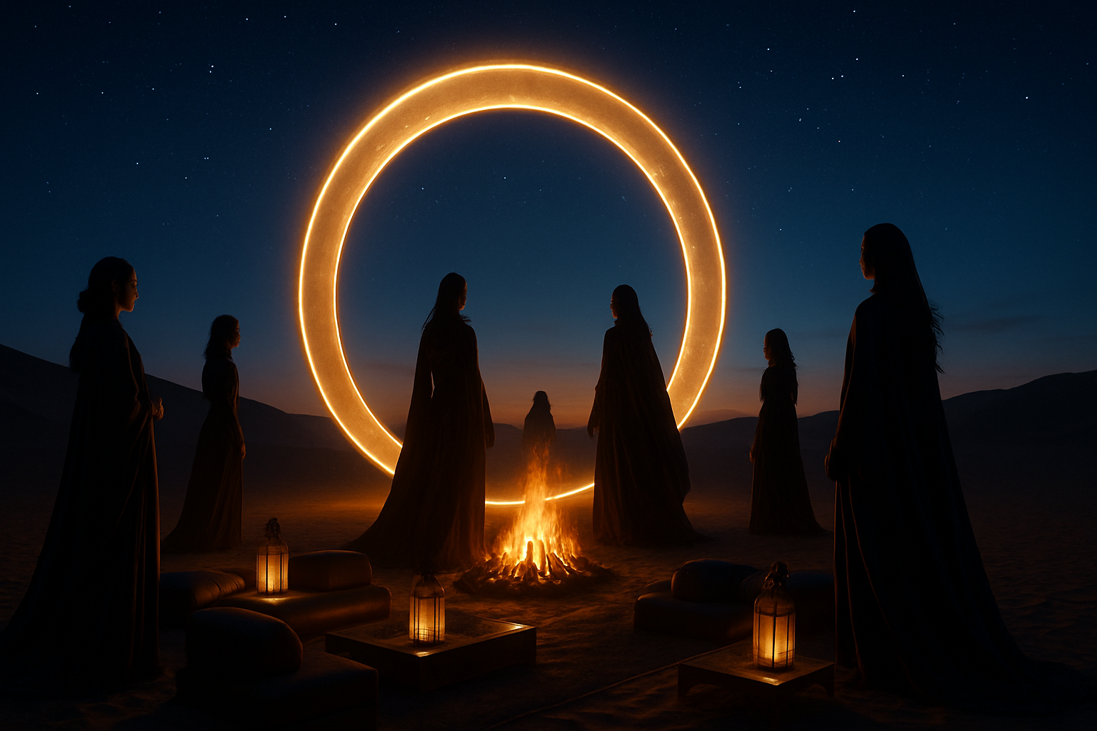 Cinematic scene of a luxury desert gathering at dusk with a glowing circular portal and silhouettes of people