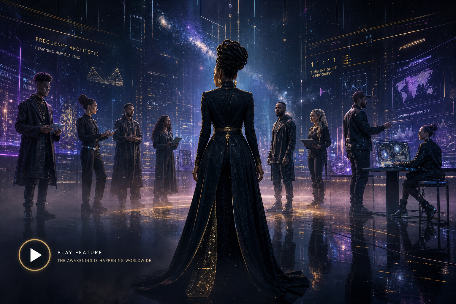 Cinematic wide banner of a collective of frequency architects in a futuristic studio; a beautiful Black woman stands centered with her back turned, surrounded by diverse collaborators and luminous data streams, horizontally balanced with open space around the play control