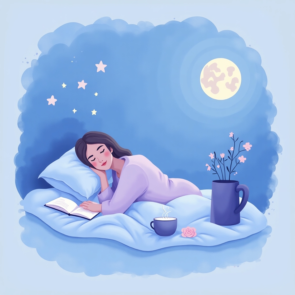 Soft abstract illustration representing a calming night routine with gentle blue and lavender hues, featuring ambient shapes and sleepy motifs.