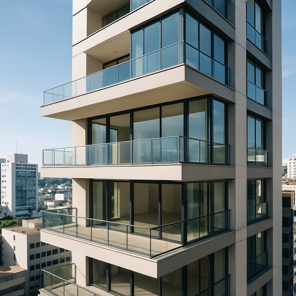 Apartamento moderno no Centro de Chapecó, fachada envidraçada e varanda ampla, prédio alto de padrão elevado