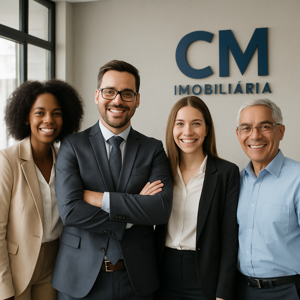 Equipe da CM Imobiliária reunida e sorrindo no escritório