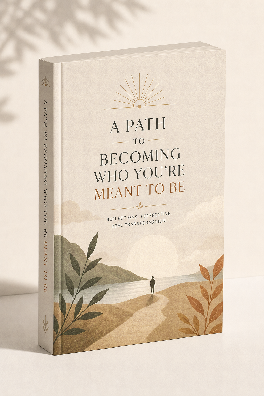 Refined personal transformation book mockup with a warm minimalist cover, elegant typography, and soft studio lighting