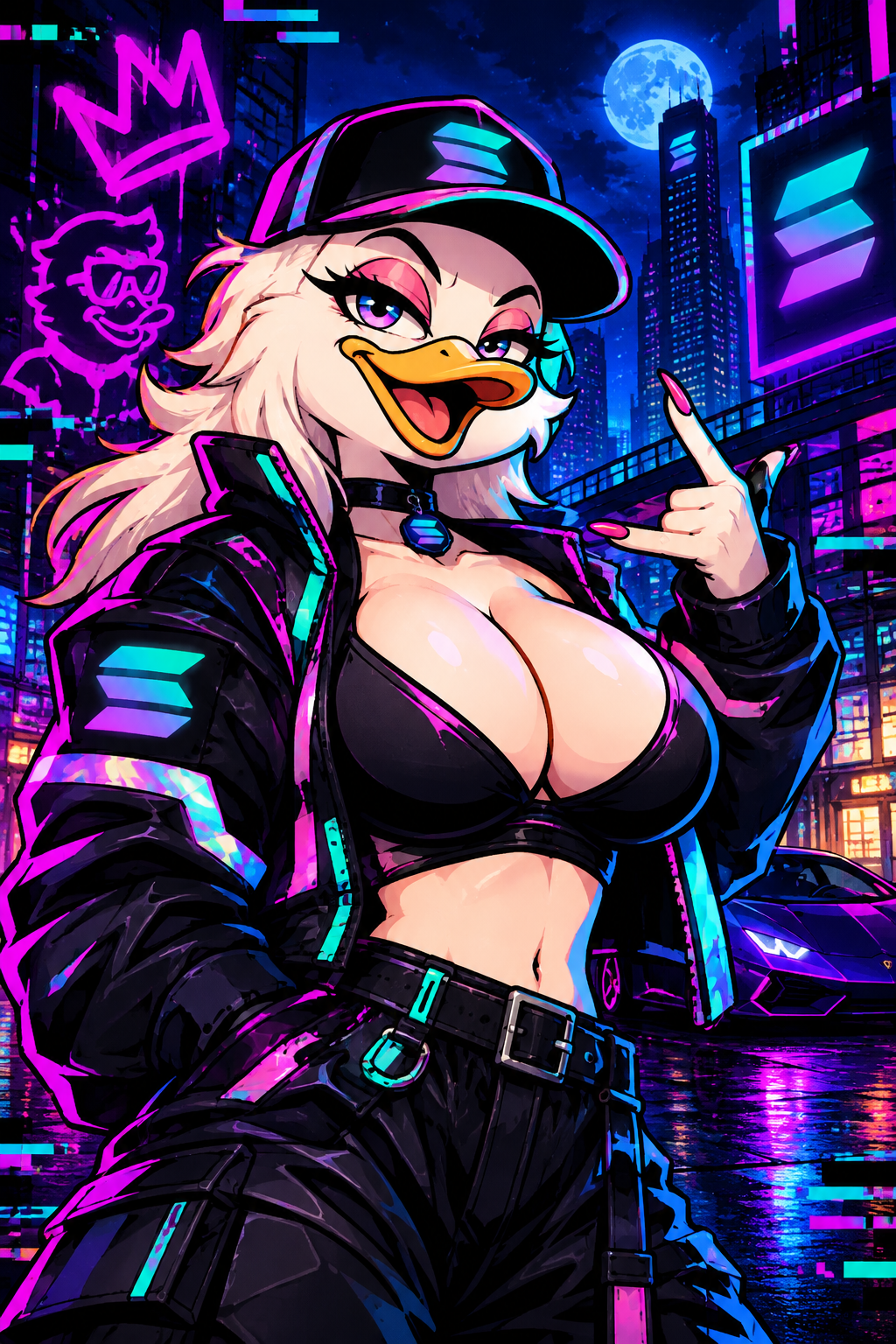 Chaotic neon comic-style meme mascot in cyber streetwear, grinning confidently with Solana-inspired accents