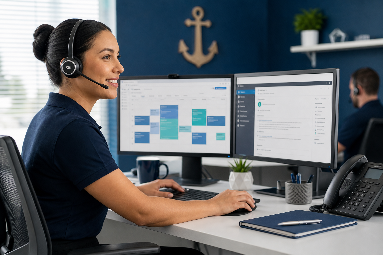 Professional phone support specialist in a modern office handling business customer calls with headset and scheduling dashboard
