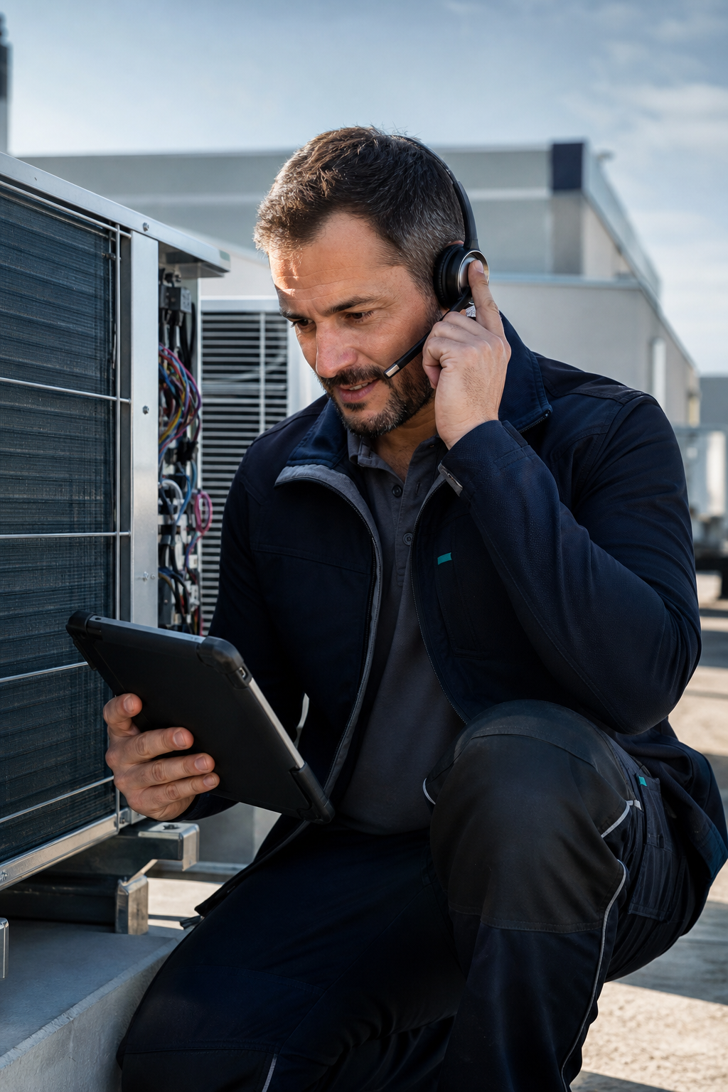 Experienced field technician in branded workwear reviewing equipment at an active US job site while speaking confidently, representing crews supported by an off-site professional call answering team