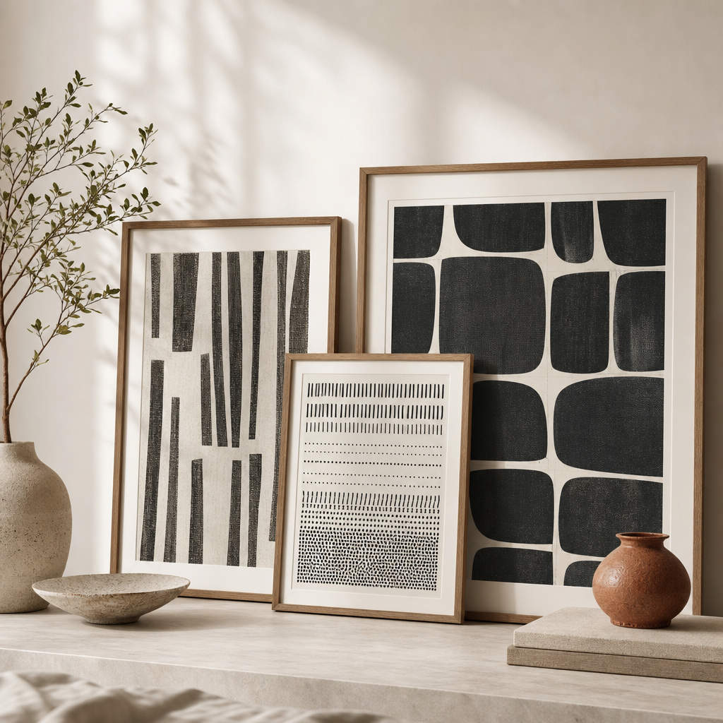 Framed art prints with abstract East African-inspired patterns in charcoal and ivory