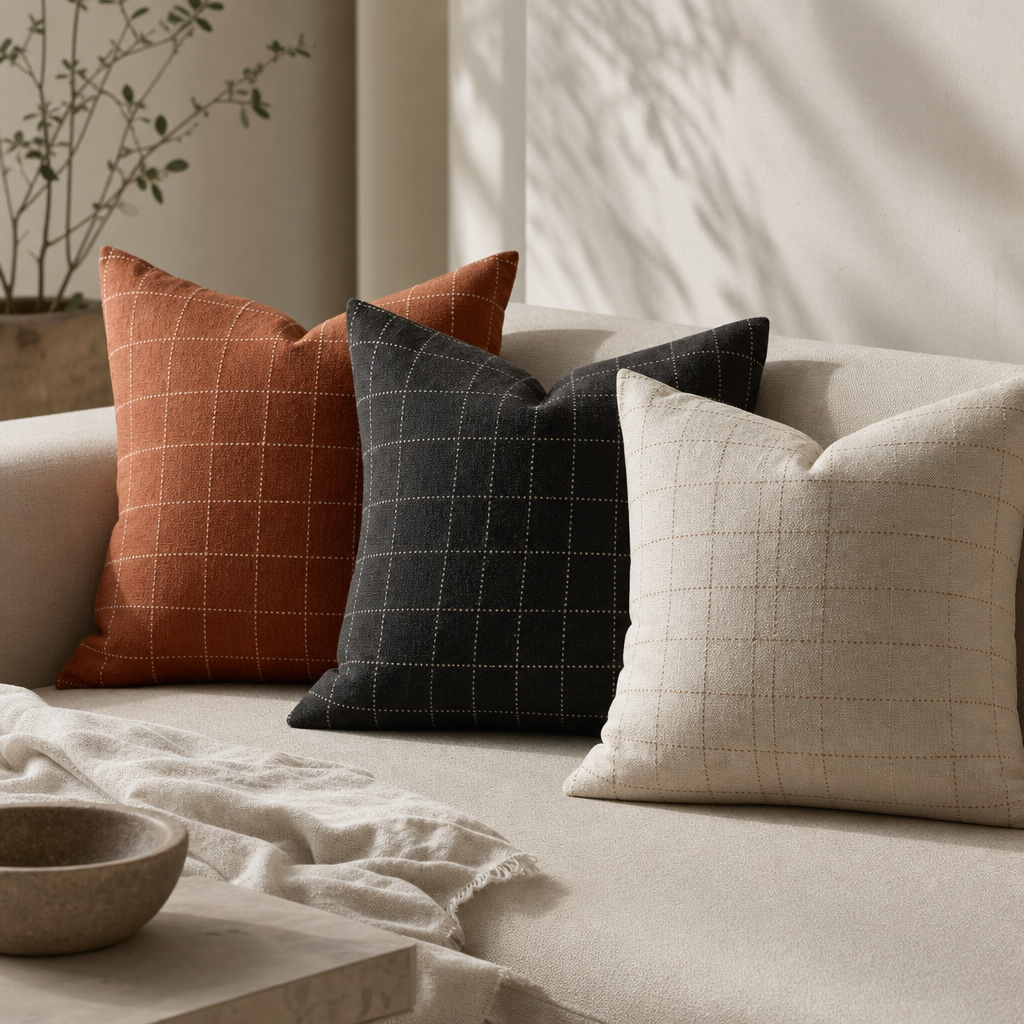 Set of three cushions in terracotta, charcoal, and ivory with subtle grid textures on a neutral sofa