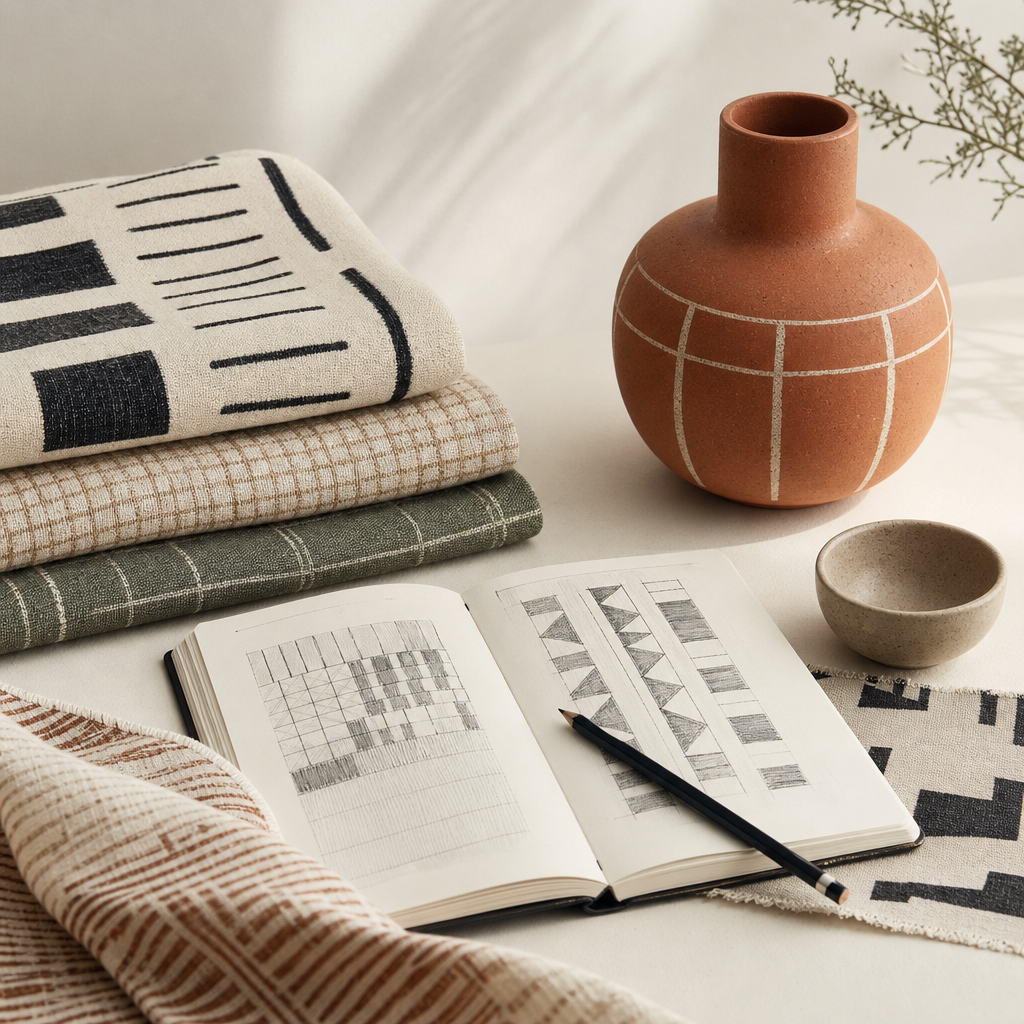 Editorial still life of woven textiles, a sketchbook, and a terracotta ceramic vessel on an ivory desk