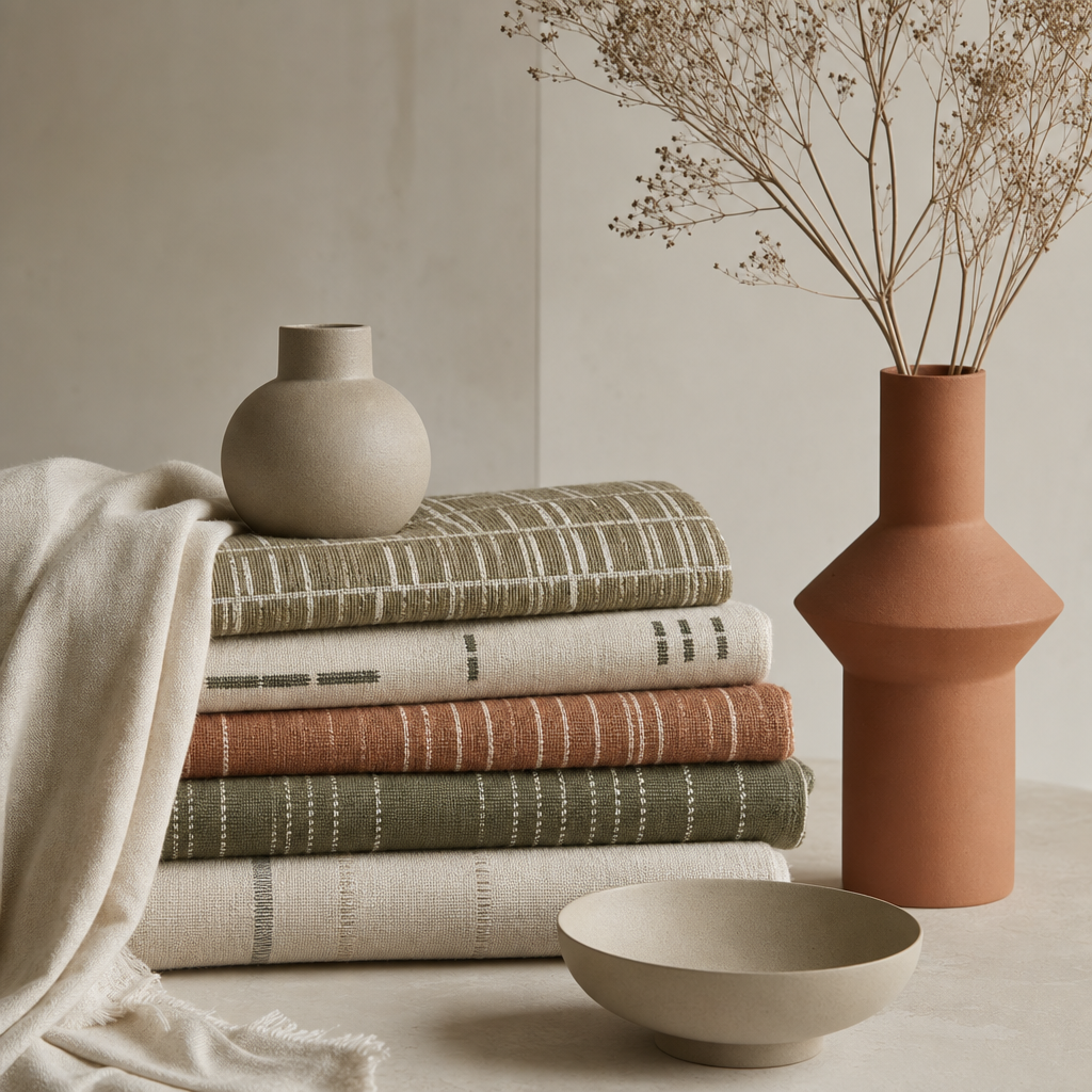 Styling vignette with woven textiles and ceramic vessels in warm stone and terracotta hues