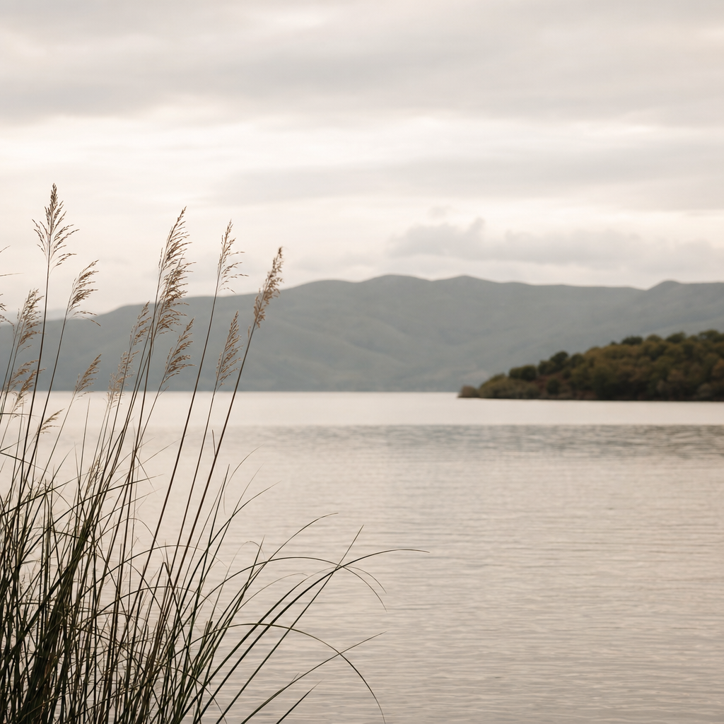 Soft-toned landscape photograph of a calm lake edge with reeds and muted olive hills