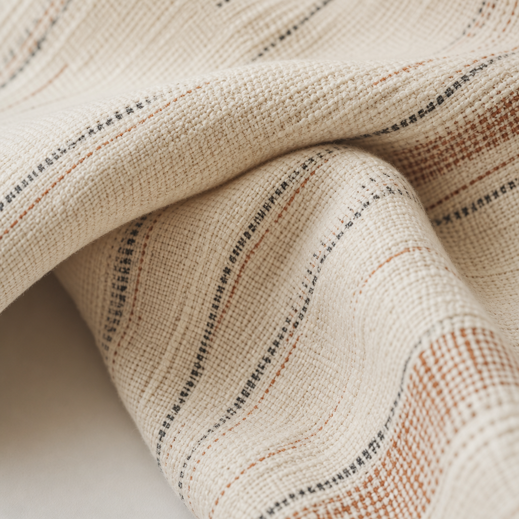 Close-up of a warm ivory woven textile with subtle charcoal and terracotta threads, softly lit with a calm, editorial feel