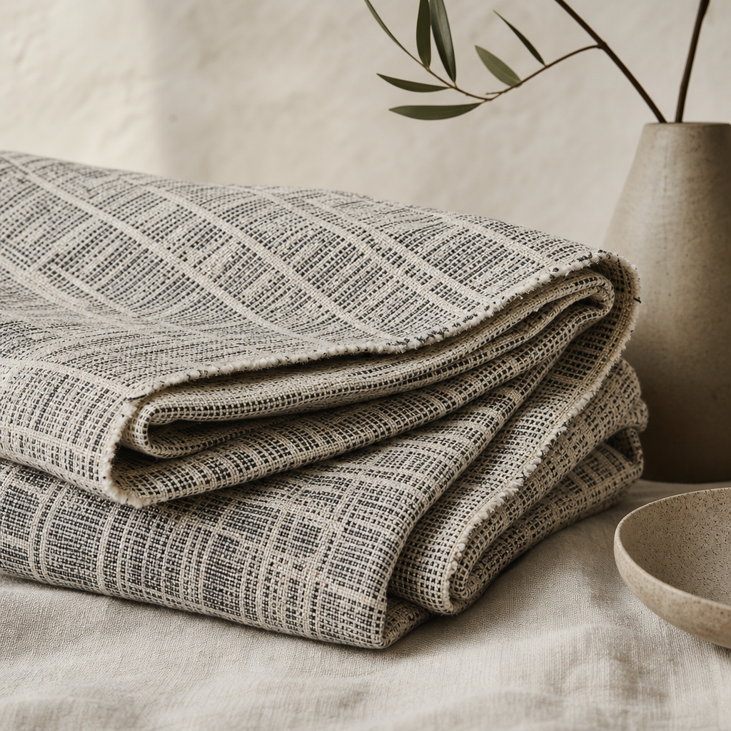 Luxe woven fabric by the yard in ivory and charcoal with subtle geometric texture