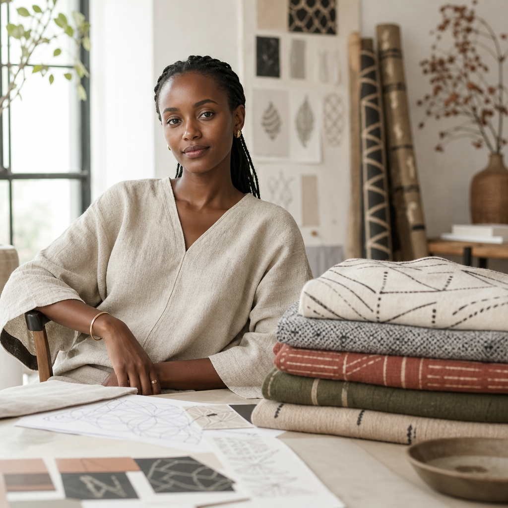 Calm studio portrait of ImaraFlow's founder in a minimalist atelier with woven textiles and soft daylight