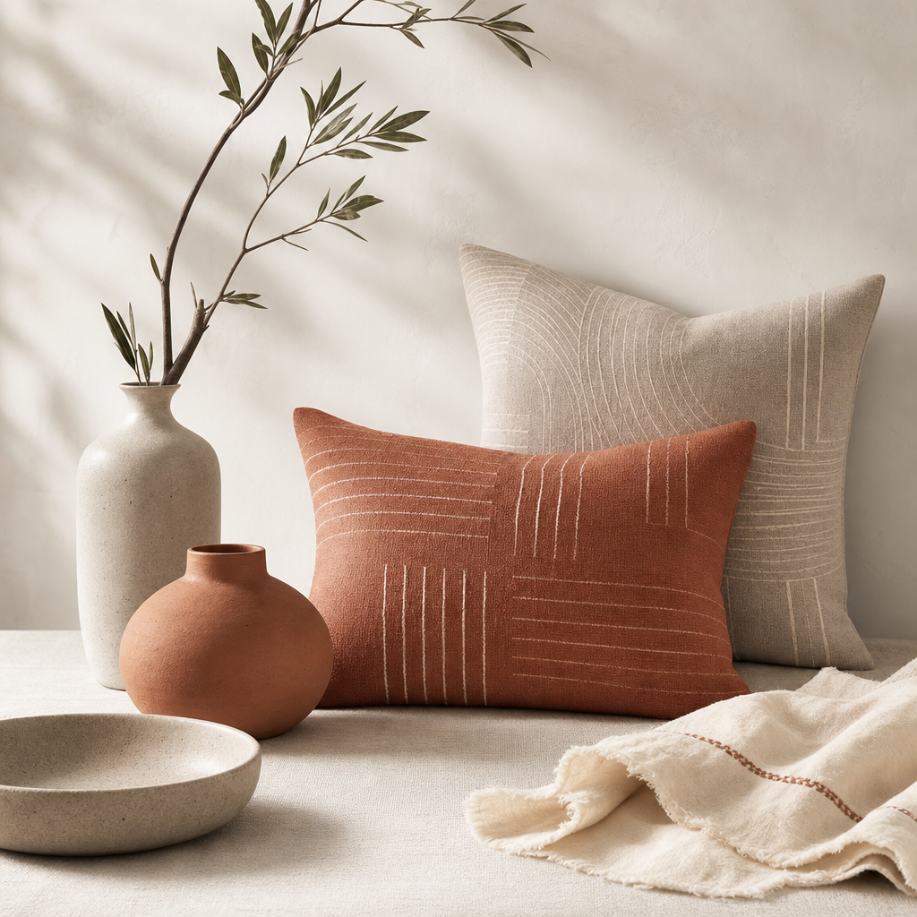 Minimalist home decor objects in terracotta and stone tones arranged on a linen surface