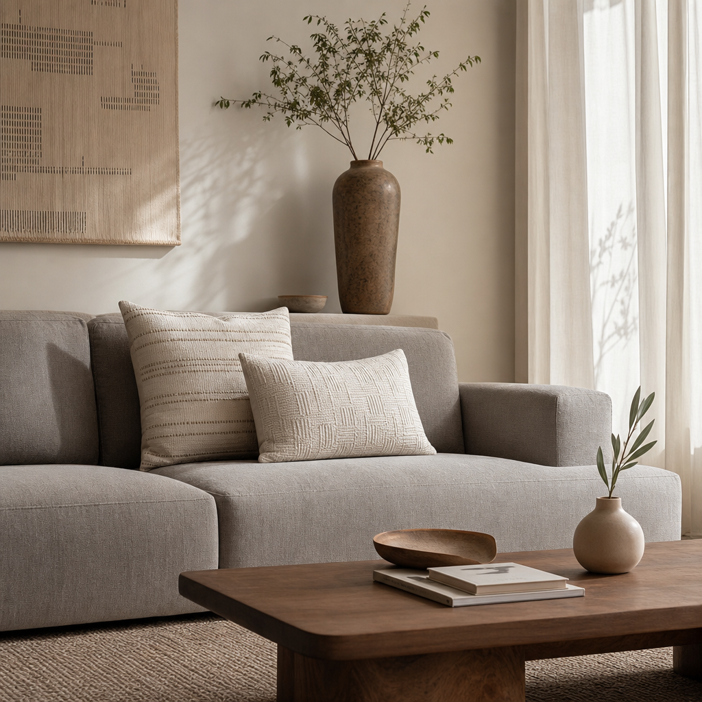 Minimal living room with stone grey sofa, textured cushions, and soft natural light