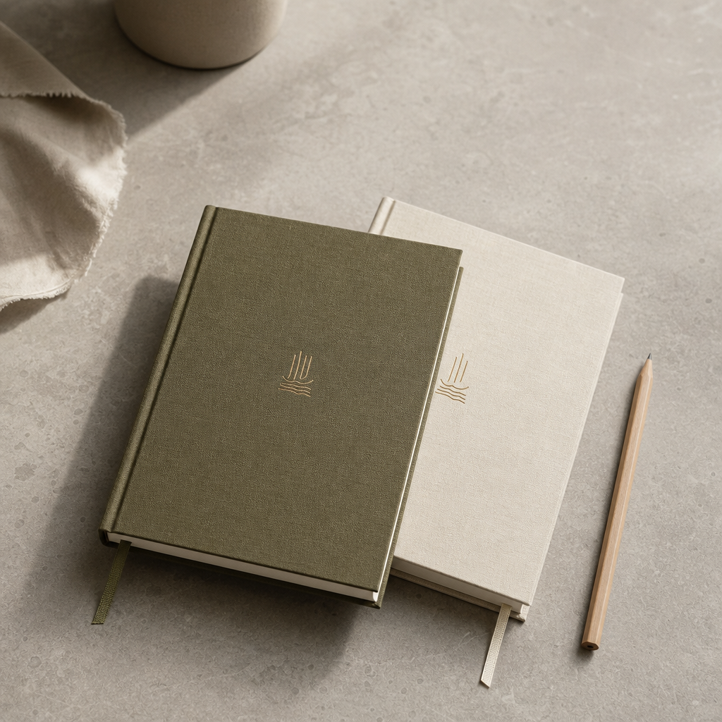 Two minimalist journals in olive and ivory with linen covers, resting on a stone-grey tabletop