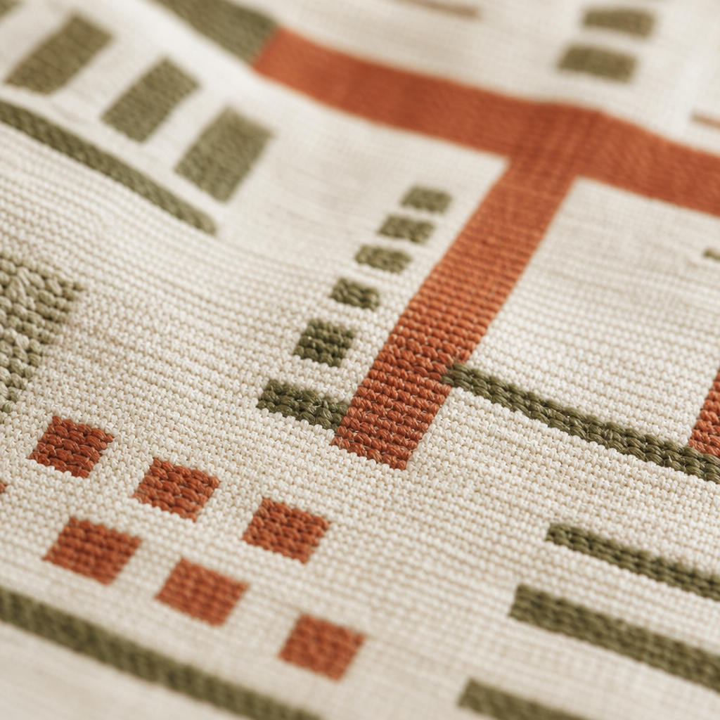 Macro textile detail showing woven pattern with muted terracotta and olive threads